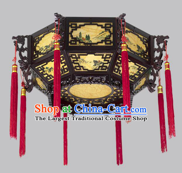 Chinese Wood Large Palace Lantern Hand Painted Landscape Ceiling Lantern