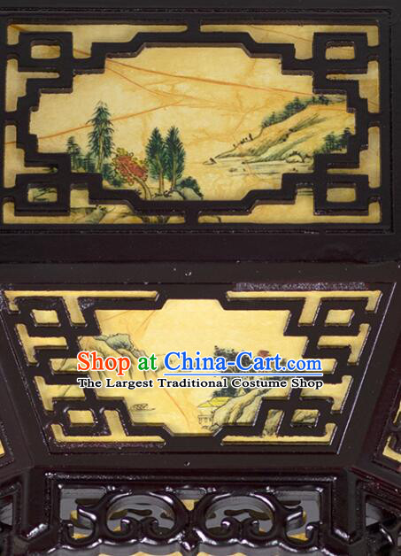 Chinese Wood Large Palace Lantern Hand Painted Landscape Ceiling Lantern