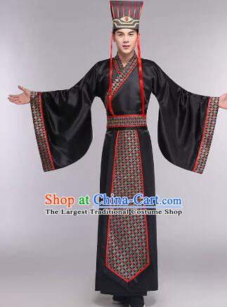 Chinese Ancient Scholar Black Costumes Han Dynasty Official Clothing and Hat