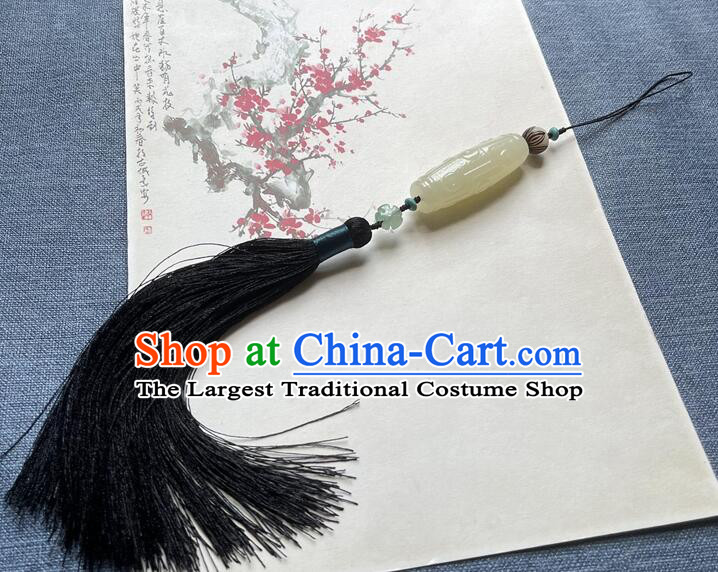 Chinese Tai Chi Sword Fringe Handmade Black Tassels Jade Pendant