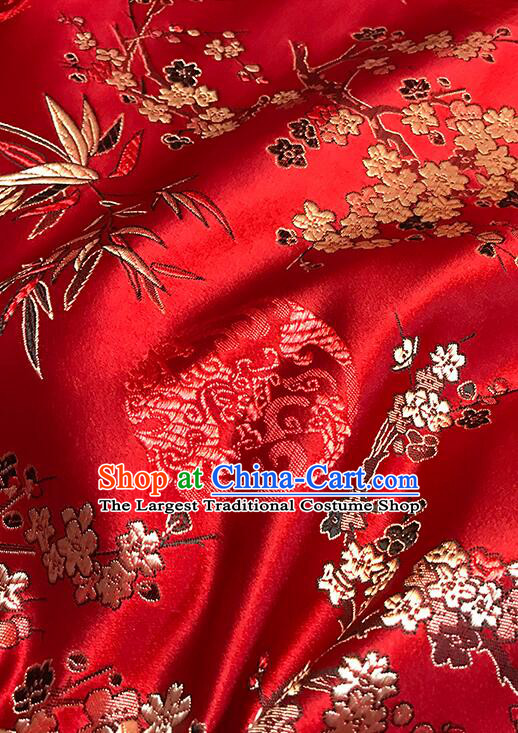 Chinese Traditional Fabric Classical Plum Bamboo Patterns Design Red Brocade