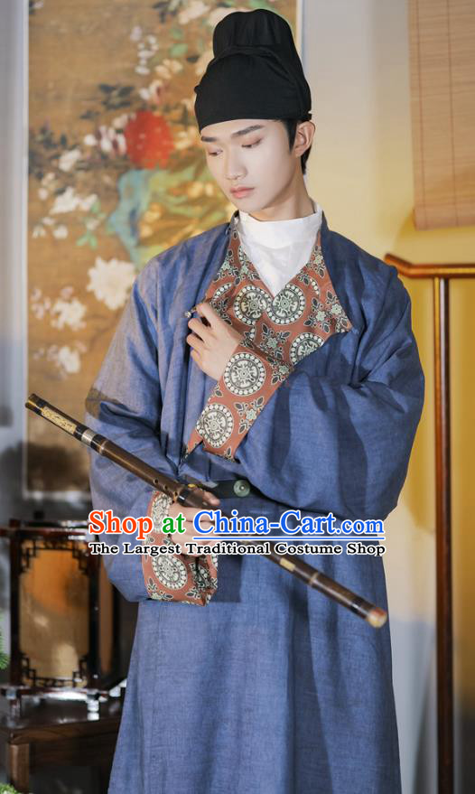 China Traditional Hanfu Navy Round Collar Robe Tang Dynasty Male Historical Clothing Ancient Swordsman Costume