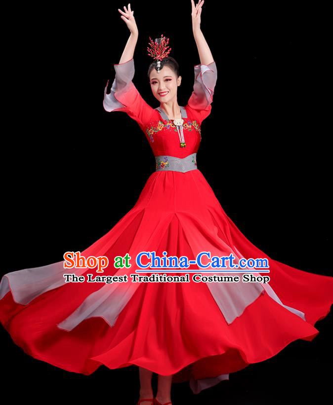 China Umbrella Dance Clothing Women Group Stage Show Red Dress Classical Dance Costume