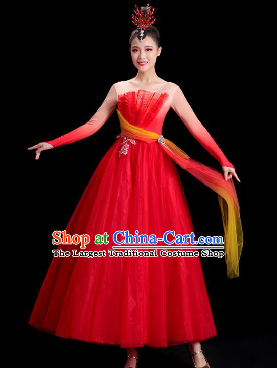 China Modern Dance Costume Opening Dance Clothing Women Group Stage Show Red Dress