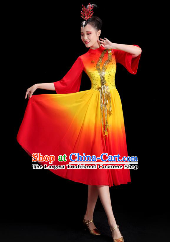 China Women Group Stage Show Red Short Dress Modern Dance Costume Opening Dance Clothing