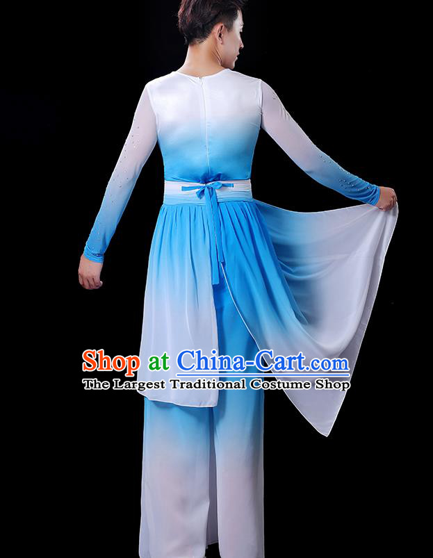 Top Drum Dance Costume Folk Dance White and Blue Outfit Male Group Fan Dance Clothing Stage Show Fashion