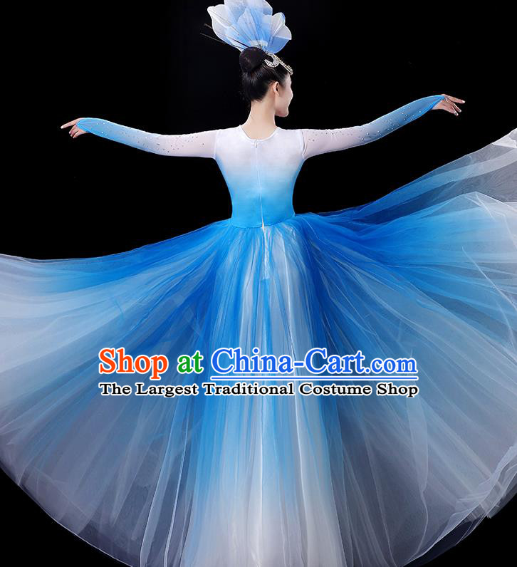 China Women Group Flower Performance Clothing Stage Show Fashion Modern Dance Costumes Opening Dance Blue Dress
