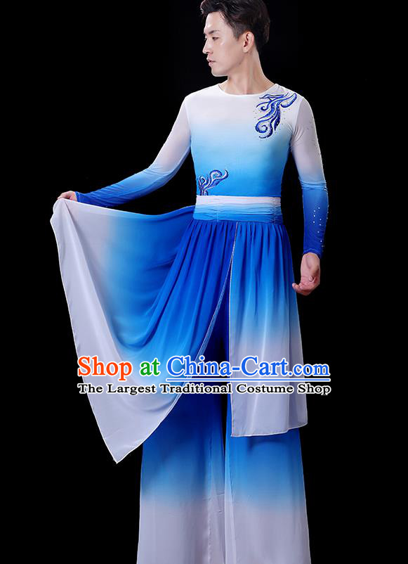 Top Fan Dance Costume Yangko Dance Gradient Blue Outfit Male Folk Dance Clothing Stage Show Fashion