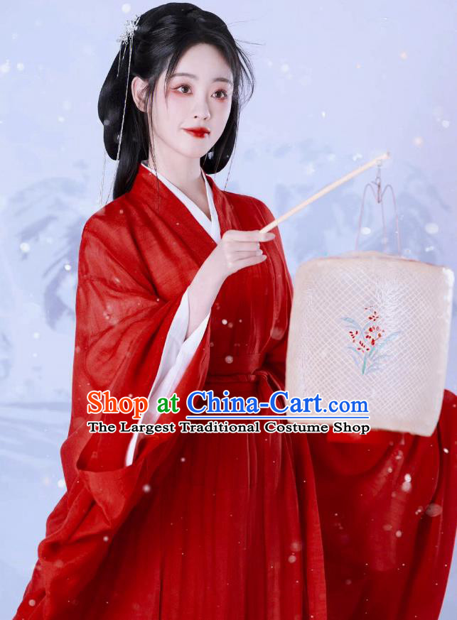 China Traditional Photography Hanfu Garments Ancient Swordswoman Costumes Jin Dynasty Young Lady Red Dresses