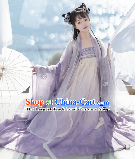 China Tang Dynasty Princess Lilac Costumes Ancient Young Woman Clothing Traditional Hanfu Dresses Complete Set
