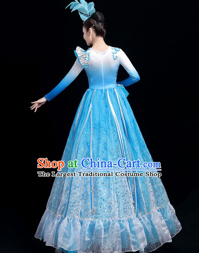 China Group Stage Performance Blue Dress Women Modern Dance Costume Opening Dance Clothing