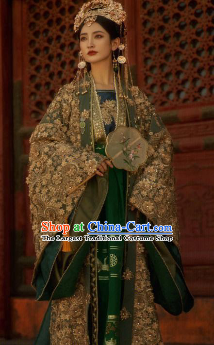 China Ancient Empress Green Dresses Ming Dynasty Queen Costumes Photography Garments