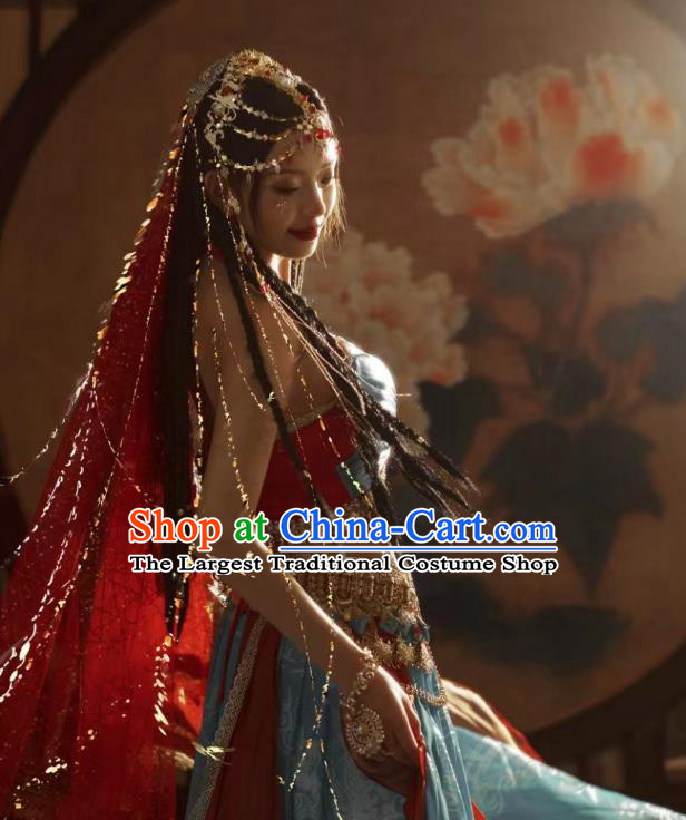 China Dunhuang Flying Apsaras Costumes Photography Hanfu Garments Ancient Ethnic Princess Blue Dresses