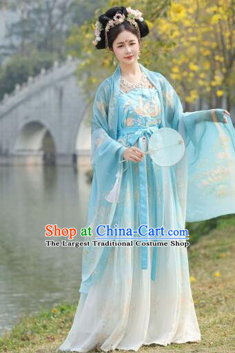 China Ancient Princess Clothing Blue Hanfu Dresses Tang Dynasty Court Lady Costumes