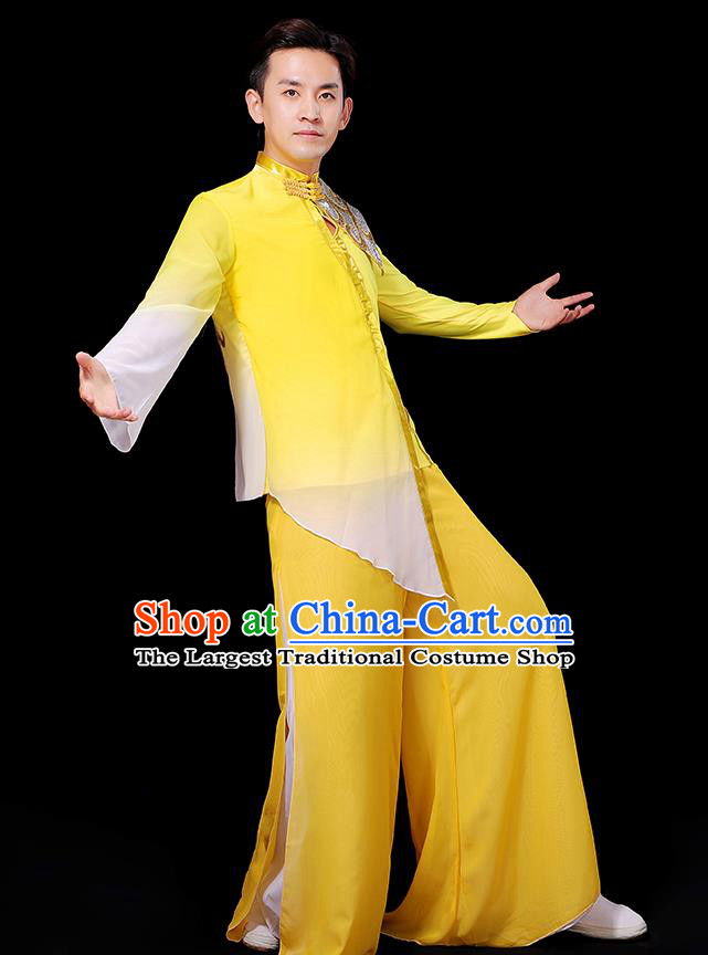 China Modern Dance Fashion Fan Dance Clothing Yangko Dance Yellow Outfit Male Group Stage Show Costume