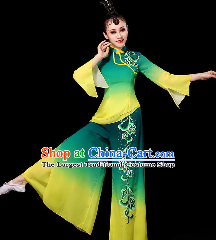 China Yangko Dance Gradient Green Yellow Outfit Women Group Stage Show Costume Modern Dance Fashion Fan Dance Clothing