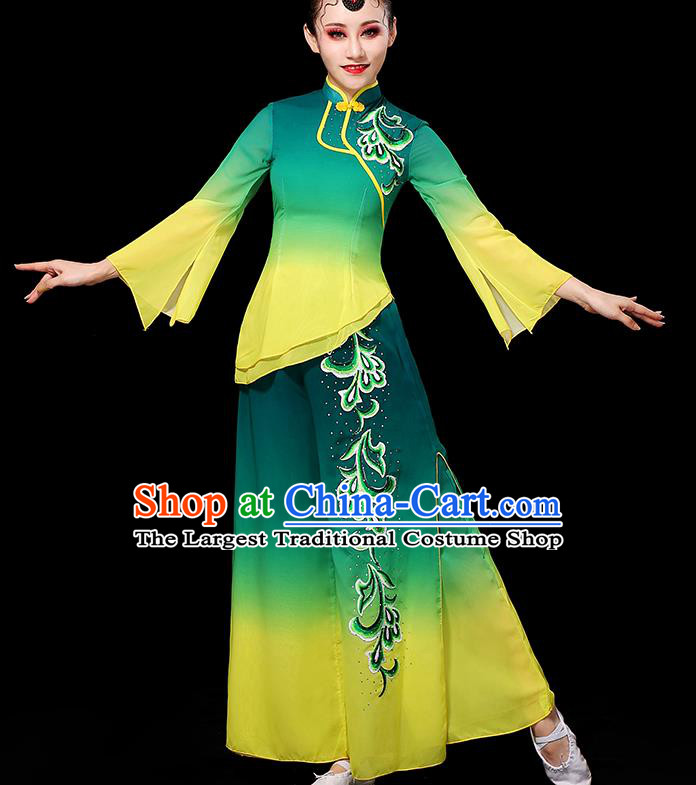China Yangko Dance Gradient Green Yellow Outfit Women Group Stage Show Costume Modern Dance Fashion Fan Dance Clothing