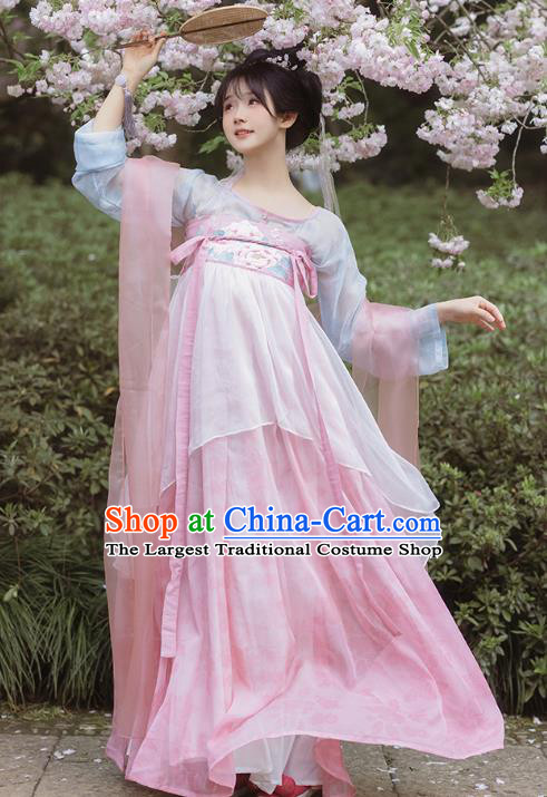 China Ancient Young Lady Embroidered Clothing Hanfu Pink Dresses Tang Dynasty Royal Princess Costumes