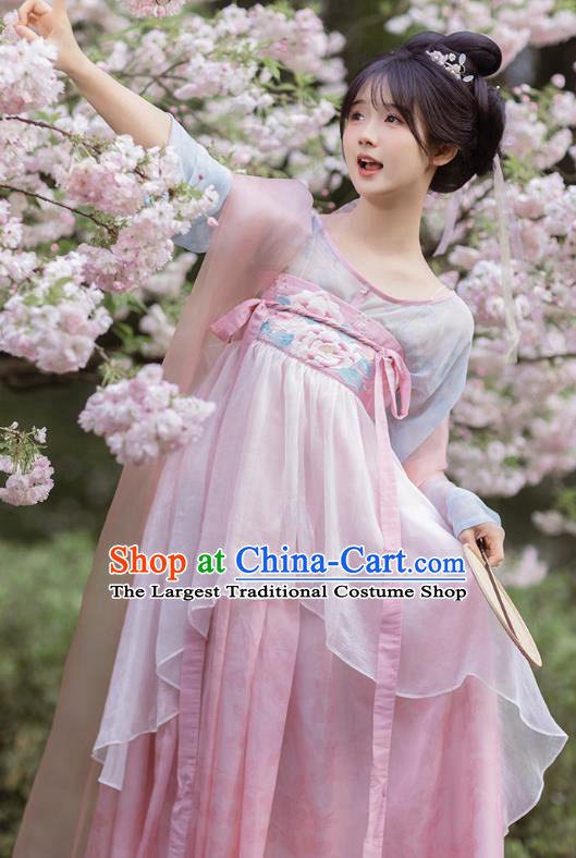 China Ancient Young Lady Embroidered Clothing Hanfu Pink Dresses Tang Dynasty Royal Princess Costumes
