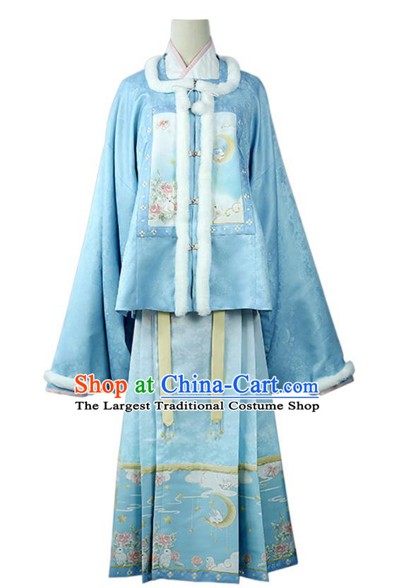 China Ancient Noble Lady Costumes Ming Dynasty Princess Winter Clothing Traditional Female Hanfu Dress Blue Coat Shirt Mamianqun Complete Set