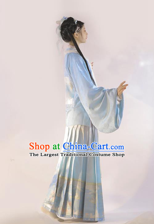China Ancient Noble Lady Costumes Ming Dynasty Princess Winter Clothing Traditional Female Hanfu Dress Blue Coat Shirt Mamianqun Complete Set