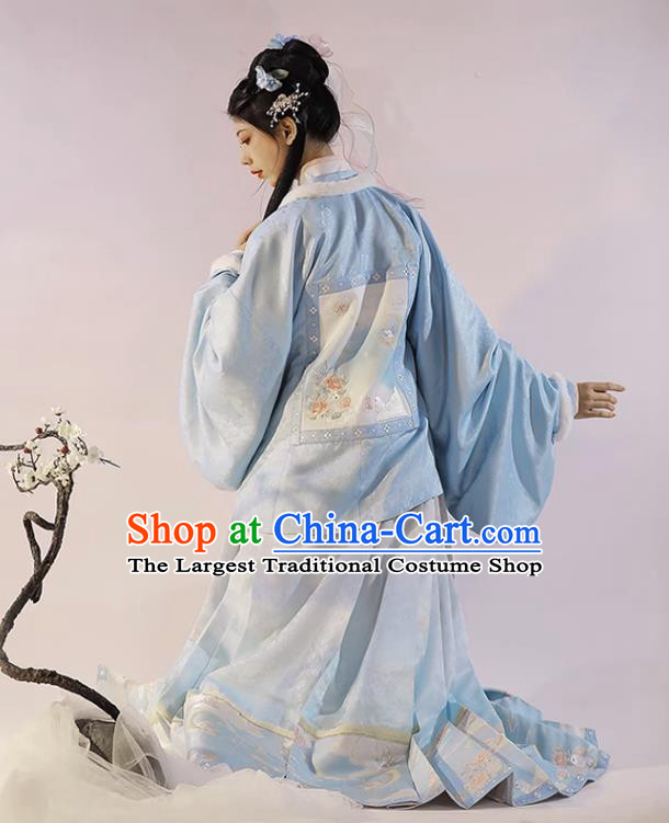 China Ancient Noble Lady Costumes Ming Dynasty Princess Winter Clothing Traditional Female Hanfu Dress Blue Coat Shirt Mamianqun Complete Set