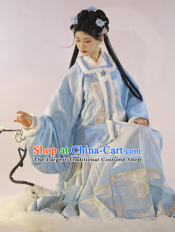 China Ancient Noble Lady Costumes Ming Dynasty Princess Winter Clothing Traditional Female Hanfu Dress Blue Coat Shirt Mamianqun Complete Set