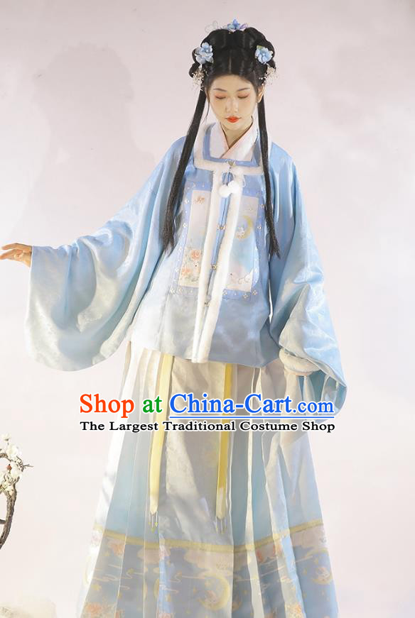 China Ancient Noble Lady Costumes Ming Dynasty Princess Winter Clothing Traditional Female Hanfu Dress Blue Coat Shirt Mamianqun Complete Set