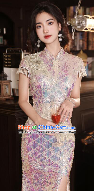 China Traditional Cheongsam Clothing Elegant Shining Dress Compere Mermaid Qipao