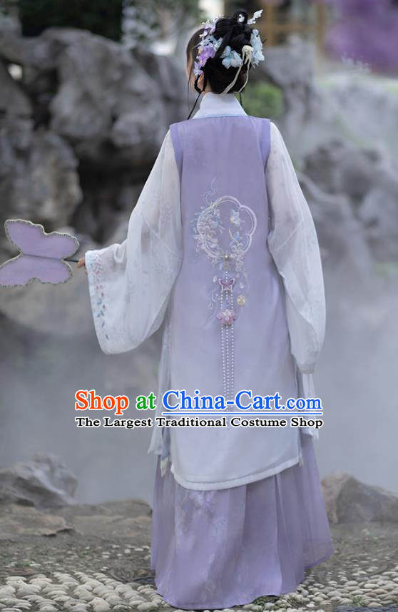 China Ming Dynasty Princess Lilac Dresses Ancient Young Woman Garment Costumes Hanfu Embroidered Clothing