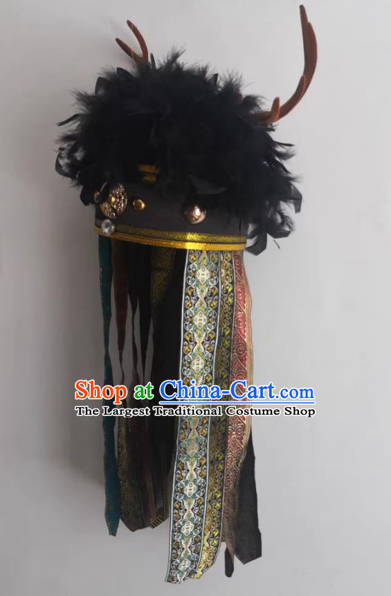 Chinese Celebration Activities God Headdress Folk Dance Black Feather Hat Festival Parade Headwear