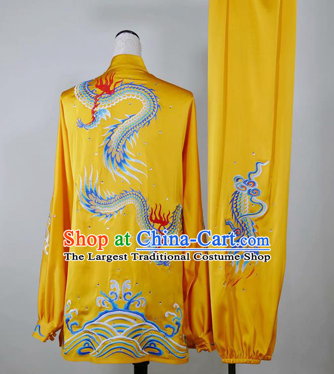China Martial Arts Performance Costume Taiji Tournament Embroidered Dragon Clothing Tai Chi Competition Yellow Uniform