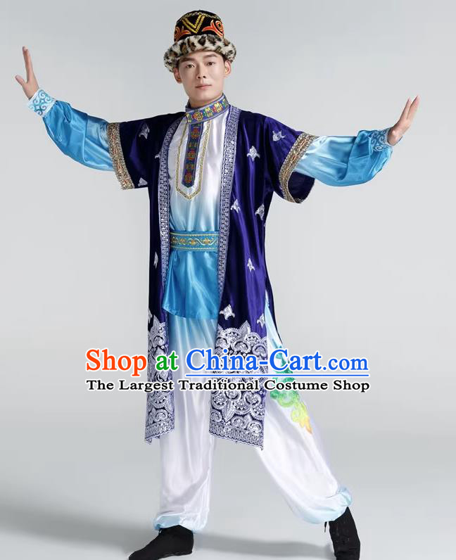 Chinese Xinjiang Dance Clothing Kazak Nationality Male Dance Costumes Ethnic Stage Performance Blue Outfit