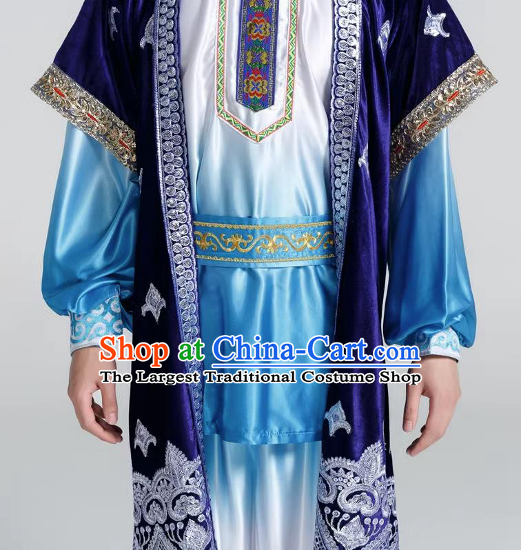 Chinese Xinjiang Dance Clothing Kazak Nationality Male Dance Costumes Ethnic Stage Performance Blue Outfit