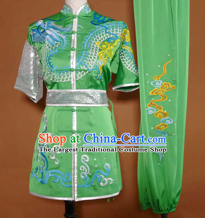 China Wushu Embroidered Dragon Clothing Kung Fu Competition Green Uniform Martial Arts Performance Costume