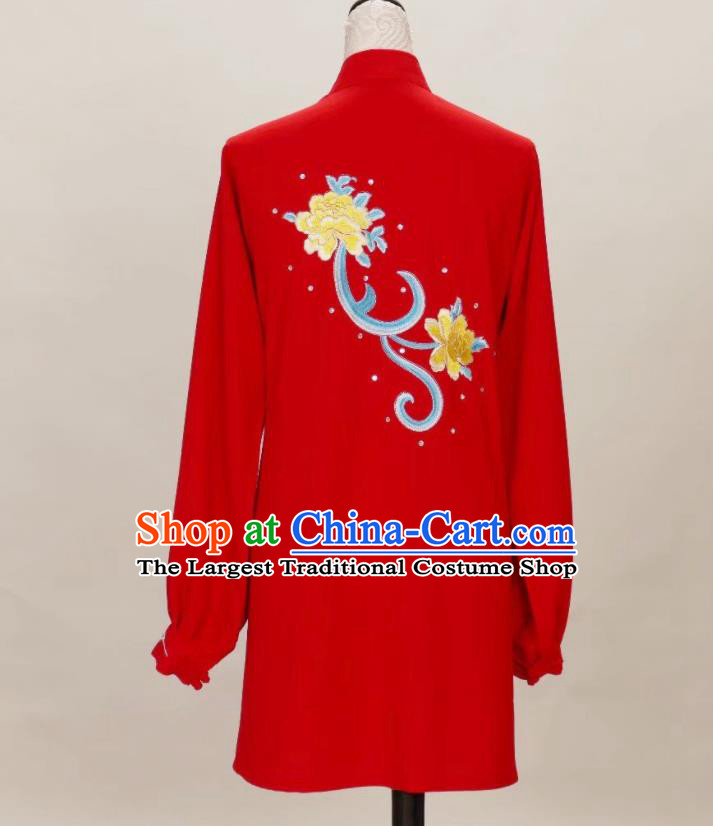 China Female Kung Fu Tournament Red Uniform Martial Arts Performance Costume Tai Chi Training Embroidered Peony Clothing