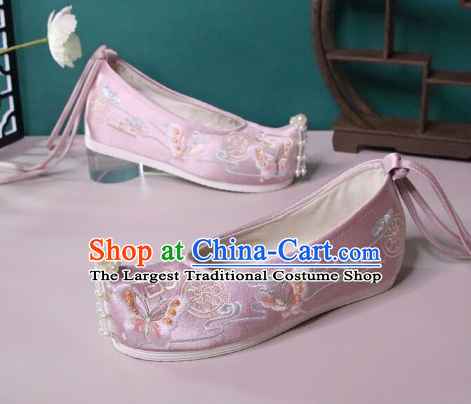 Chinese Hanfu Shoes Pink Satin Embroidered Shoes Ancient Princess Shoes