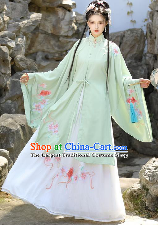 China Ancient Noble Lady Clothing Ming Dynasty Garment Costumes Traditional Hanfu Green Gown and White Skirt Complete Set