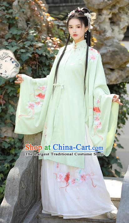 China Ancient Noble Lady Clothing Ming Dynasty Garment Costumes Traditional Hanfu Green Gown and White Skirt Complete Set