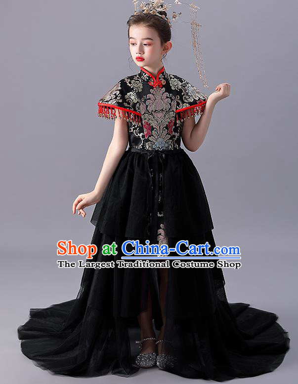 China Traditional Stage Show Costume Girl Catwalks Black Qipao Dress Children Day Performance Clothing