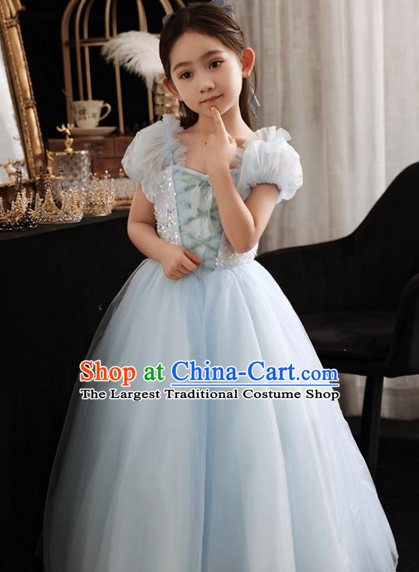Princess Birthday Light Blue Dress Top Model Contest Fashion Children Day Performance Clothing Girl Catwalks Costume