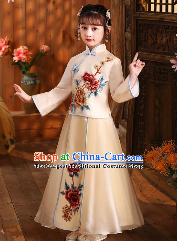 Chinese Folk Dance Fashion Kid Apricot Blouse and Skirt Children Day Performance Hanfu Clothing Girl Stage Show Costumes