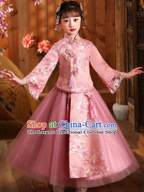 Girl Stage Show Costumes Chinese Folk Dance Fashion Kid Dark Pink Blouse and Skirt Children Day Performance Hanfu Clothing