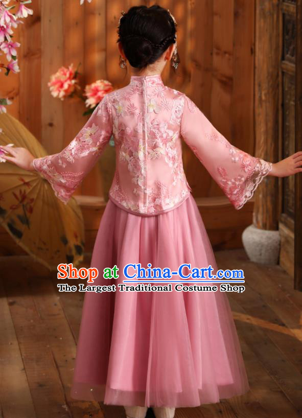 Girl Stage Show Costumes Chinese Folk Dance Fashion Kid Dark Pink Blouse and Skirt Children Day Performance Hanfu Clothing