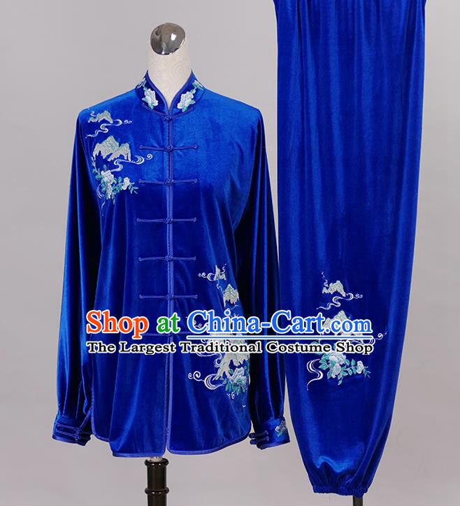 Chinese Female Tai Chi Royal Blue Velvet Suit Martial Arts Clothing Winter Taiji Quan Training Uniform Wushu Competition Clothes
