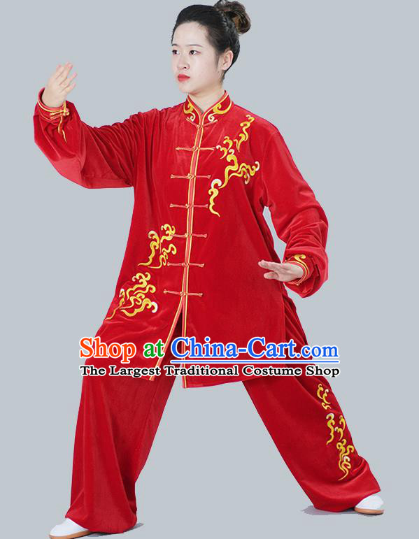 Chinese Taiji Chuan Clothes Female Kung Fu Red Velvet Suit Martial Arts Clothing Winter Tai Chi Training Uniform
