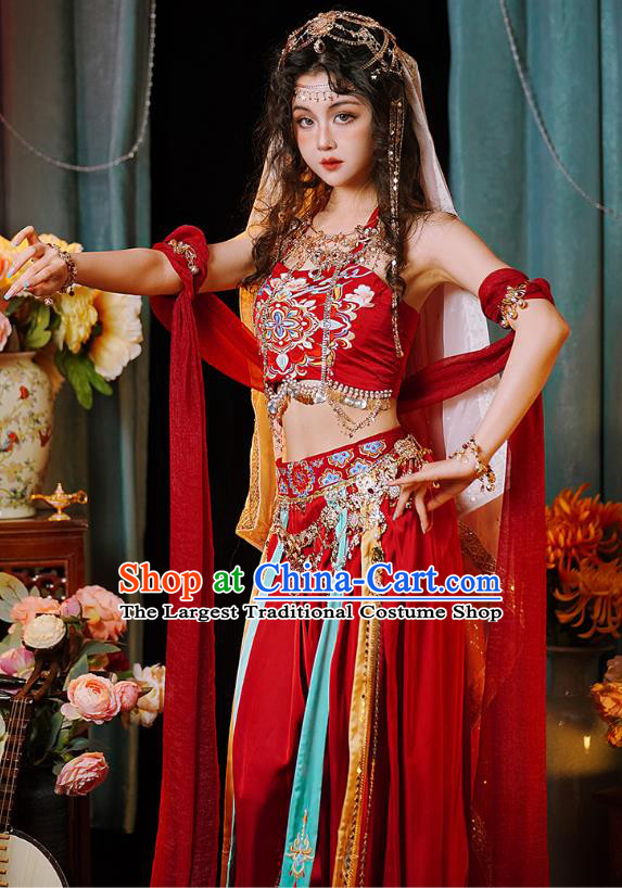 Ancient Ethnic Xi Yu Princess Clothing China Dunhuang Flying Apsaras Red Outfit Dance Lady Costumes