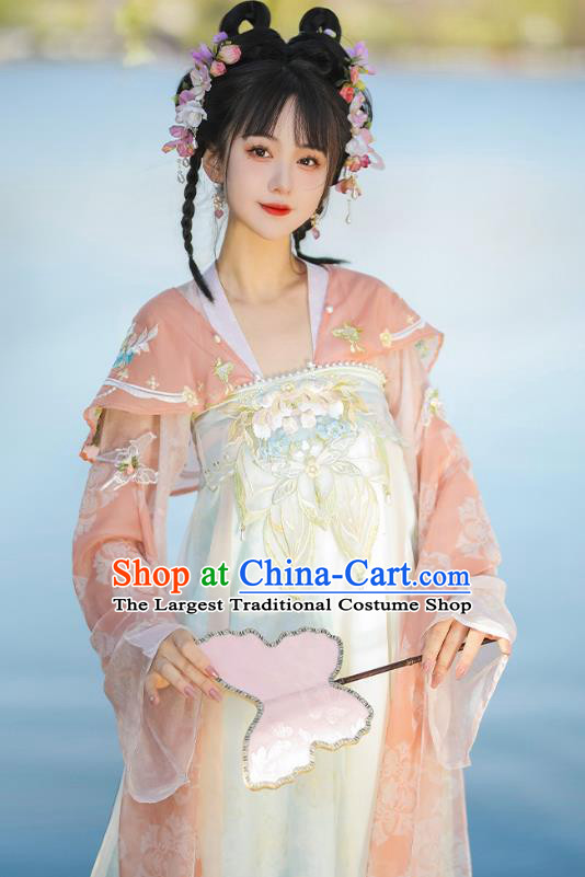 China Tang Dynasty Woman Clothing Traditional Hanfu Costumes Ancient Young Lady Pink Dresses