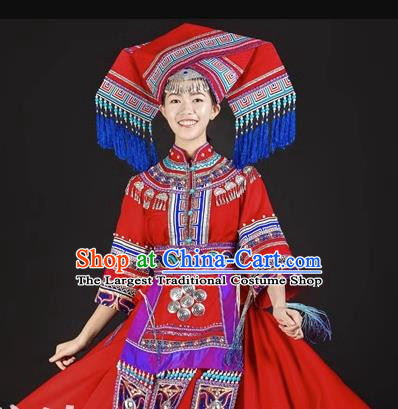Zhuang Costume Red Ethnic Minority Stage Costume Costume Folk Song Dress Suit