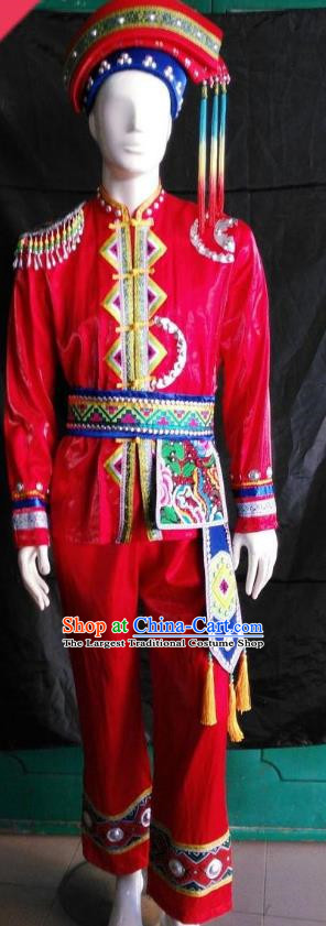 Ethnic Minority Men Zhuang Groom Dress Stage Costume March Three Folk Song Red Suit